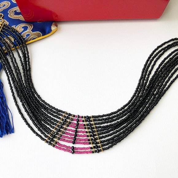 Pink and black wide collar choker, accent multi strand choker necklace OOAK - Picture 4 of 10